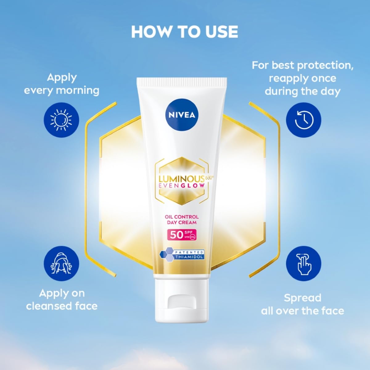NIVEA Luminous Even Glow Oil Control Day Cream & Moisturizer For Face,Spf 50 With Uv Protection&UVA UVB Filters,Thiamidol,Hyaluronic Acid,Vitamin E For Dark Spots Reduction&Deep Moisturization,40Ml