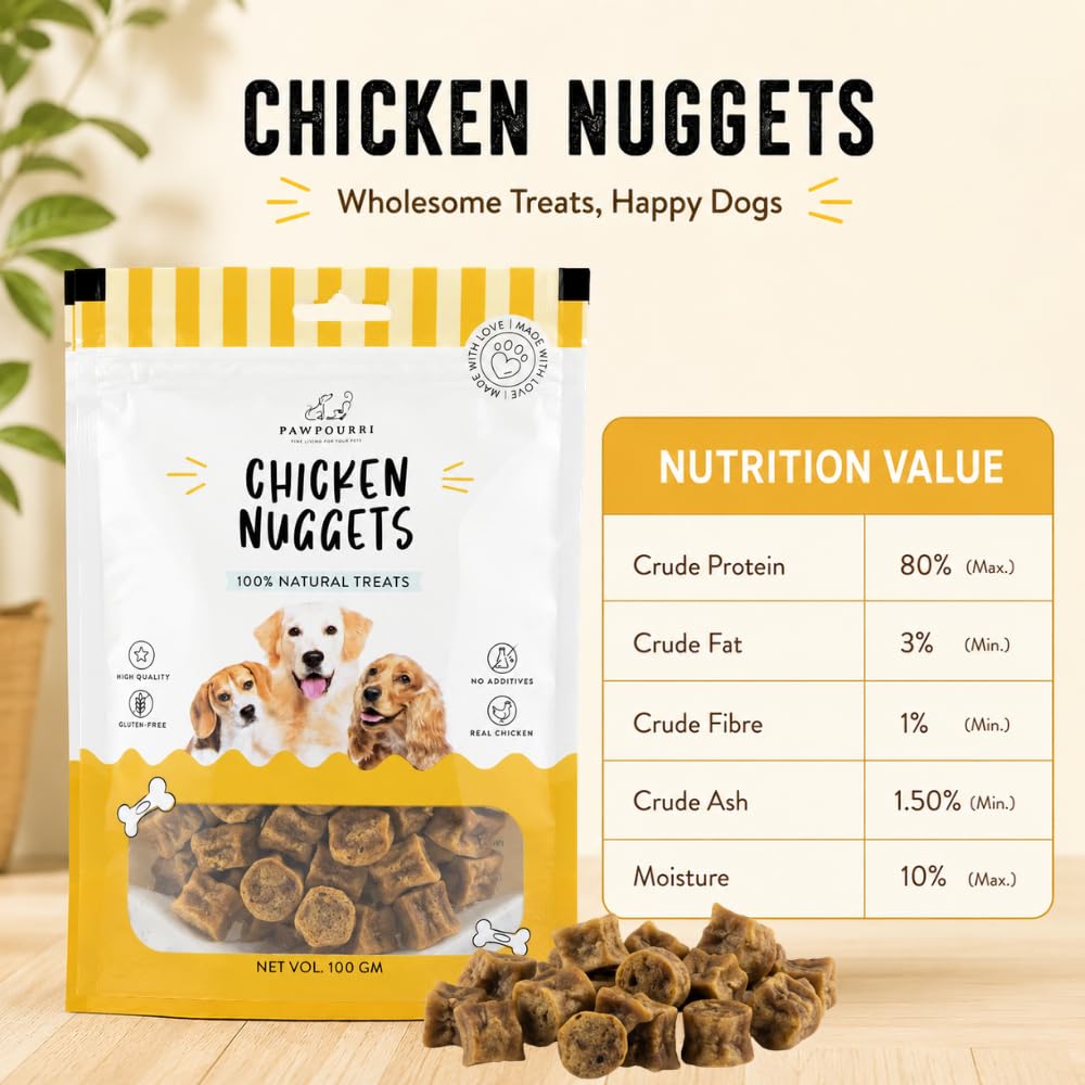 PAWPOURRI Natural Chicken Nuggets Dog Treats, 100gm (Pack of 1) | Protein Rich Soft & Chewy Snacks for Dogs | Suitable for All Breeds & Life Stages | Daily Reward & Training Treats