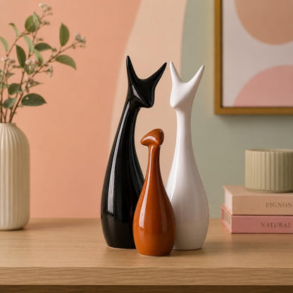 Home Decor Lucky Deer Statue Family Ceramic Figures - (Set of 3, Black,Brown,White)
