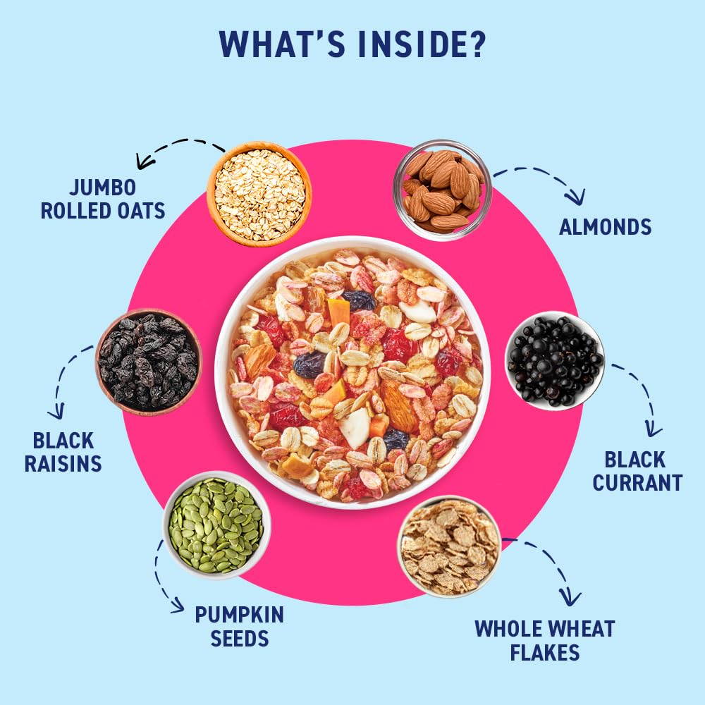 Bagrry’s No Added Sugar Muesli with Fruits, Nuts & Seeds – 700g | High Fibre & Protein | 0% Added Sugar, No Corn Flakes | Whole Grain Breakfast Cereal with Almonds, Raisins, Pumpkin Seeds & Berries