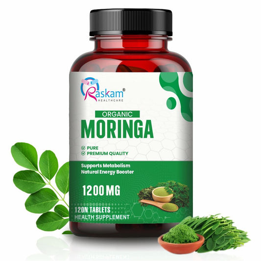 Bottle of Raskam Healthcare Organic Moringa supplement with leaves and a bowl of moringa on a white background