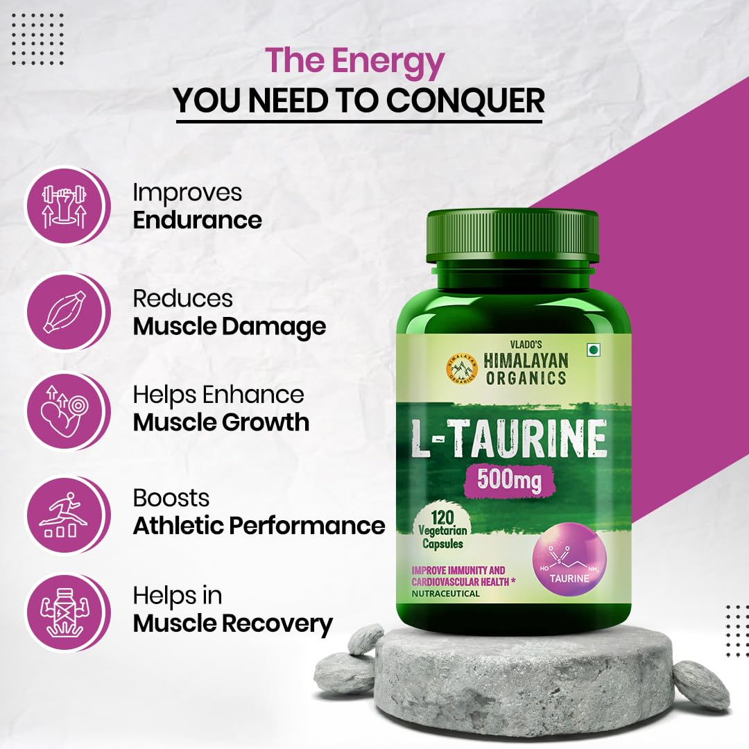 Vlado's Himalayan Organics L-Taurine 500mg | Amino Acid Supplement for Athletic Performance | Support Muscle Recovery | Improve Performance | Promotes Vision & Nerve Health - 120 Veg Capsules