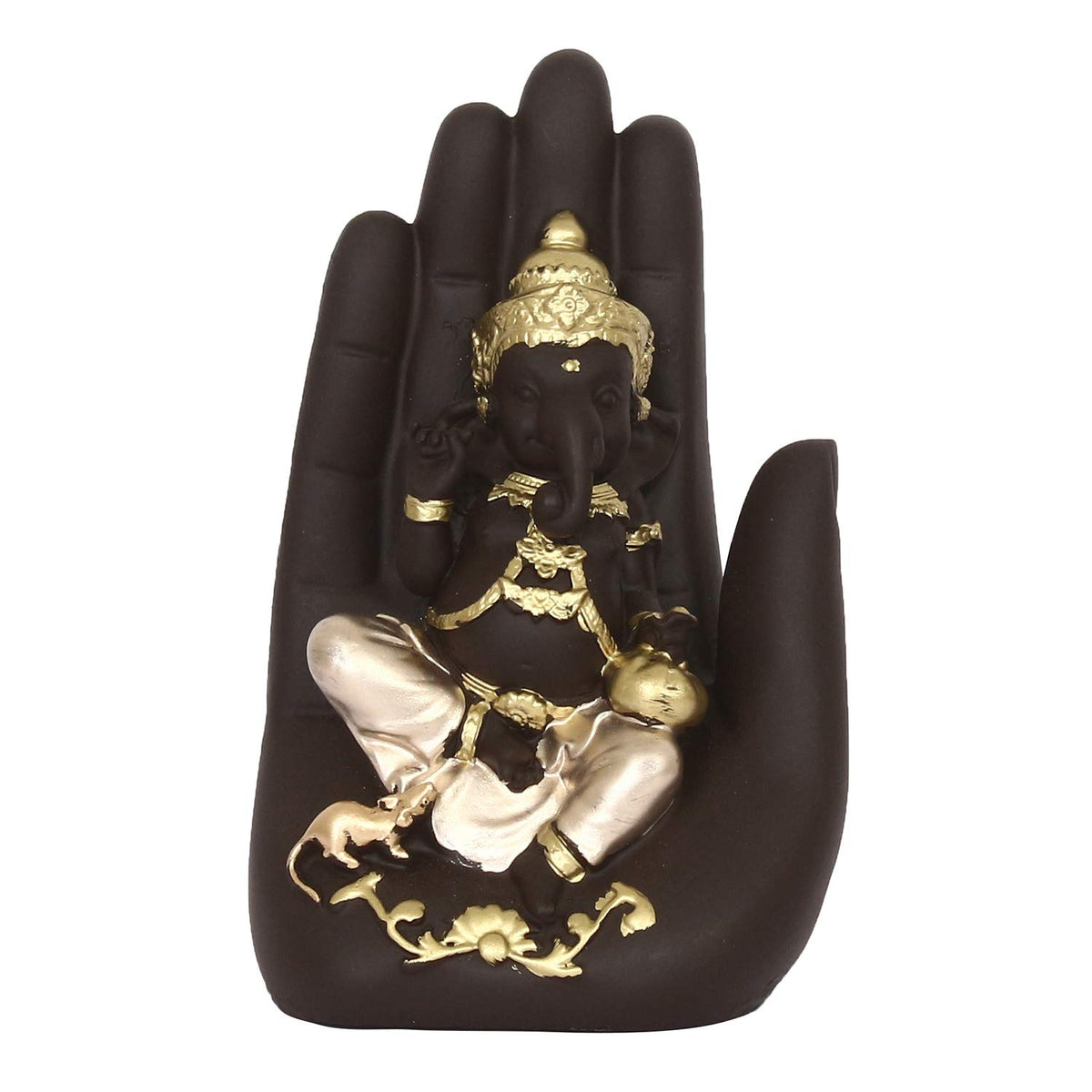 eCraftIndia Golden Handcrafted Palm Ganesha Polyresin Showpiece (12.5 cm x 7.5 cm x 17.5 cm, Black)