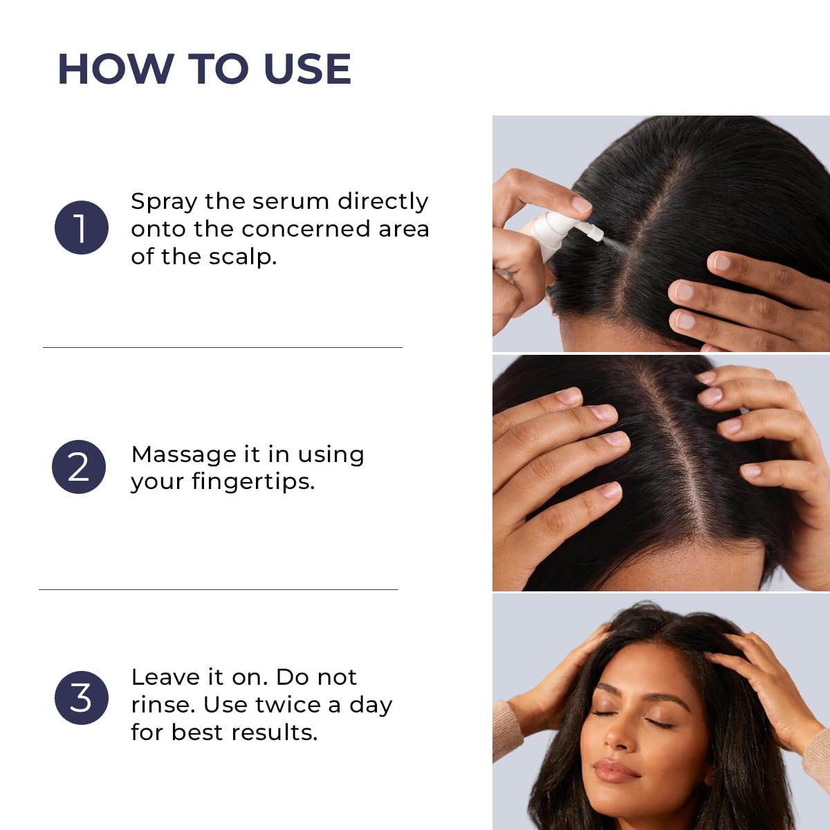 Instructions on how to use a serum for hair care, with text and images of application.