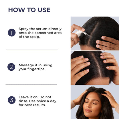 Instructions on how to use a serum for hair care, with text and images of application.