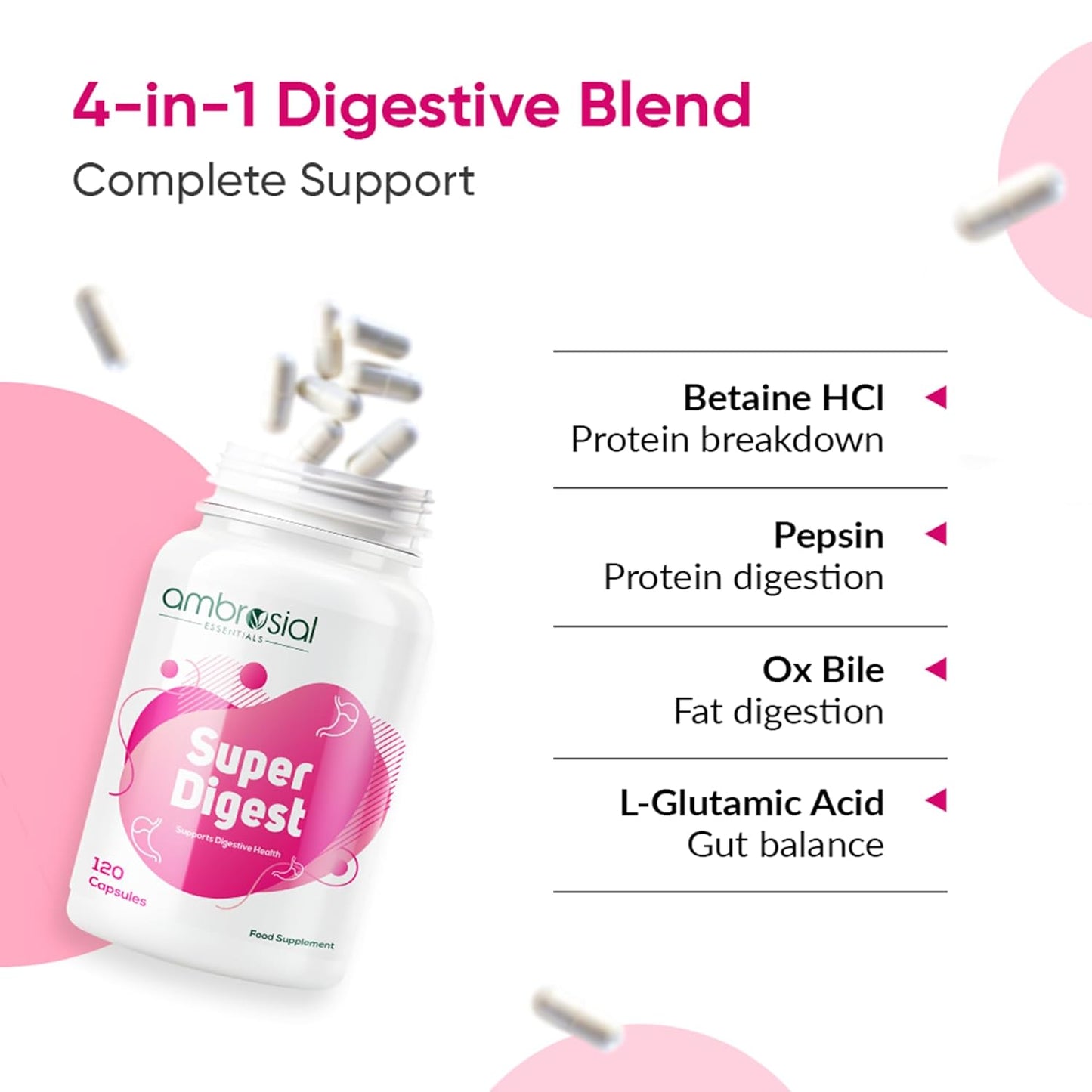 Ambrosial Super Digest supplement bottle with digestive enzymes list on a pink background