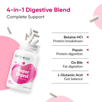 Ambrosial Super Digest supplement bottle with digestive enzymes list on a pink background