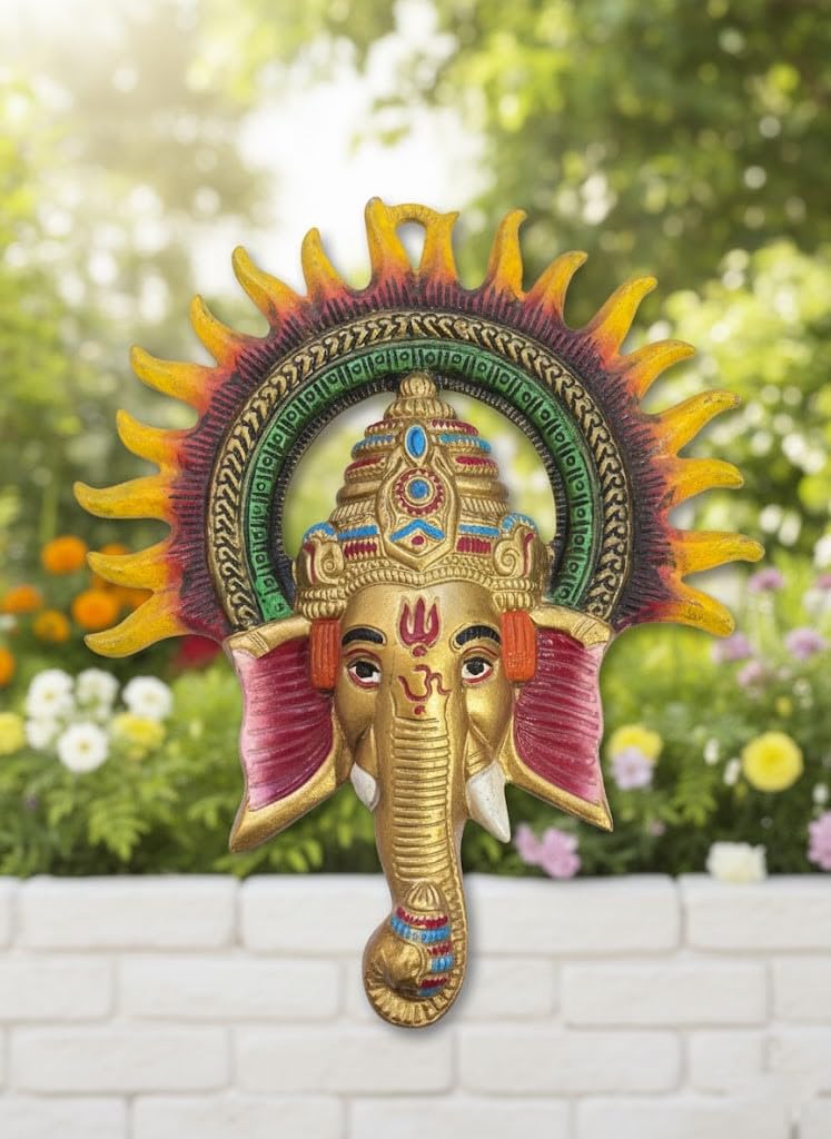 Traditional Handcrafted Ganesha Wall Decor, Metal Elephant God Sculpture with Sunburst Design, Gold and Multicolor, Religious Hindu Art