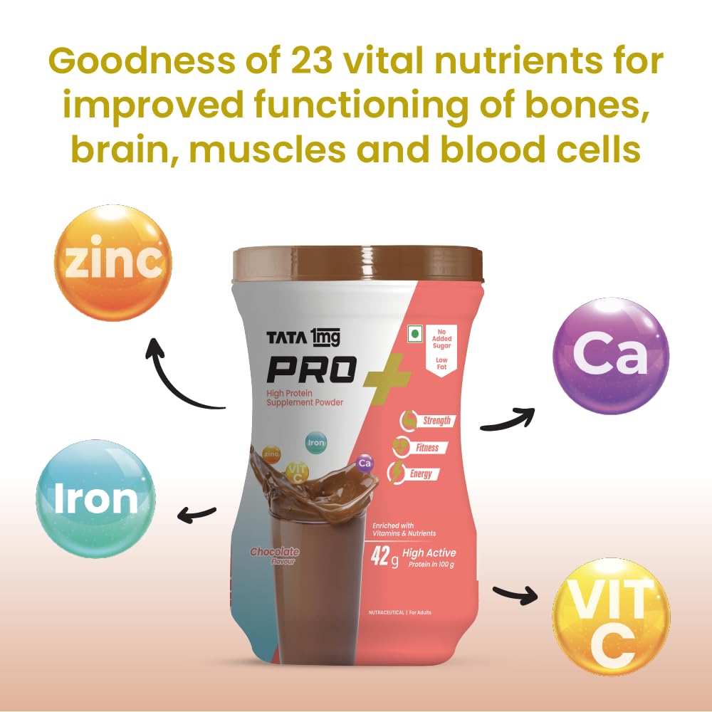 Tata 1mg Pro+ Soy Protein Supplement Powder- High Protein for Muscle & Bone Strength, Overall Fitness, and Energy with 23 essential nutrients,Low Fat & No Added Sugar,Chocolate Flavour