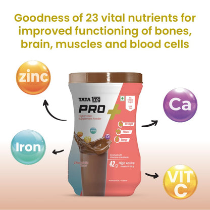 Tata 1mg Pro+ Soy Protein Supplement Powder- High Protein for Muscle & Bone Strength, Overall Fitness, and Energy with 23 essential nutrients,Low Fat & No Added Sugar,Chocolate Flavour