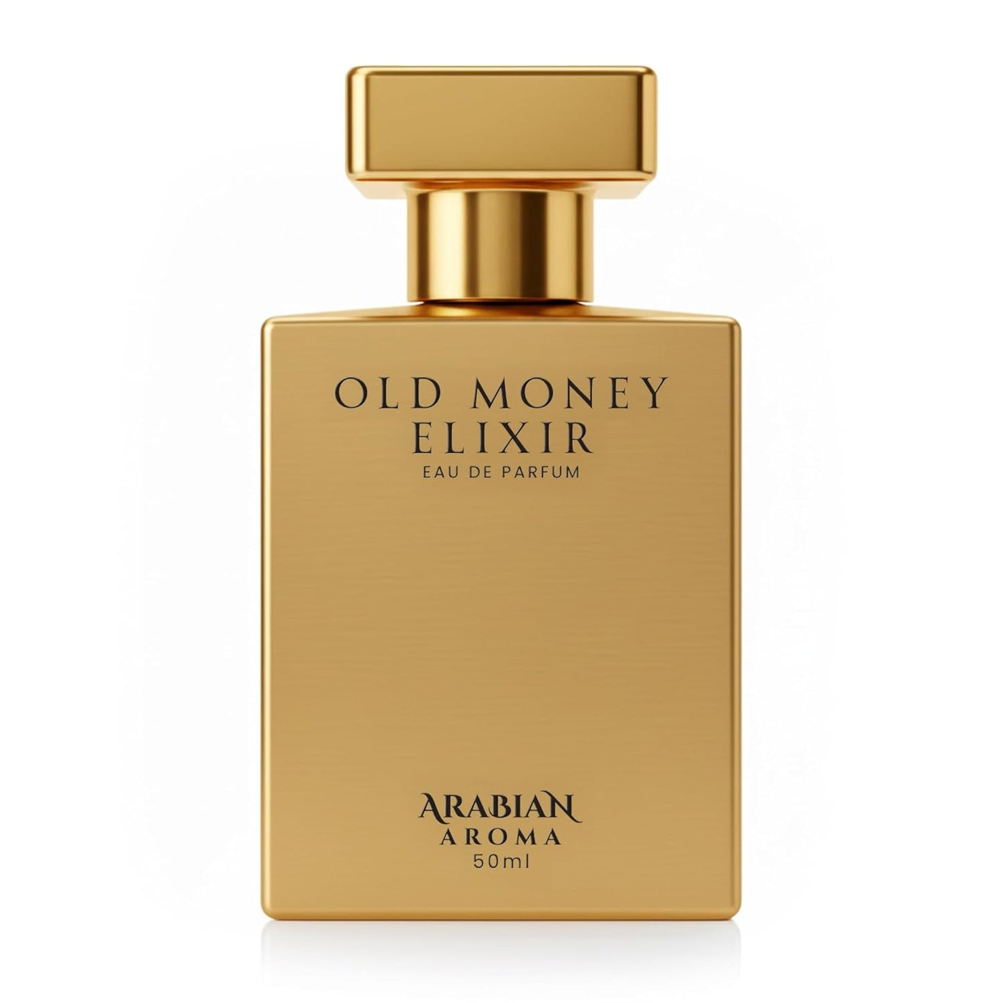 Gold perfume bottle labeled 'Old Money Elixir' by Arabian Aroma on a white background