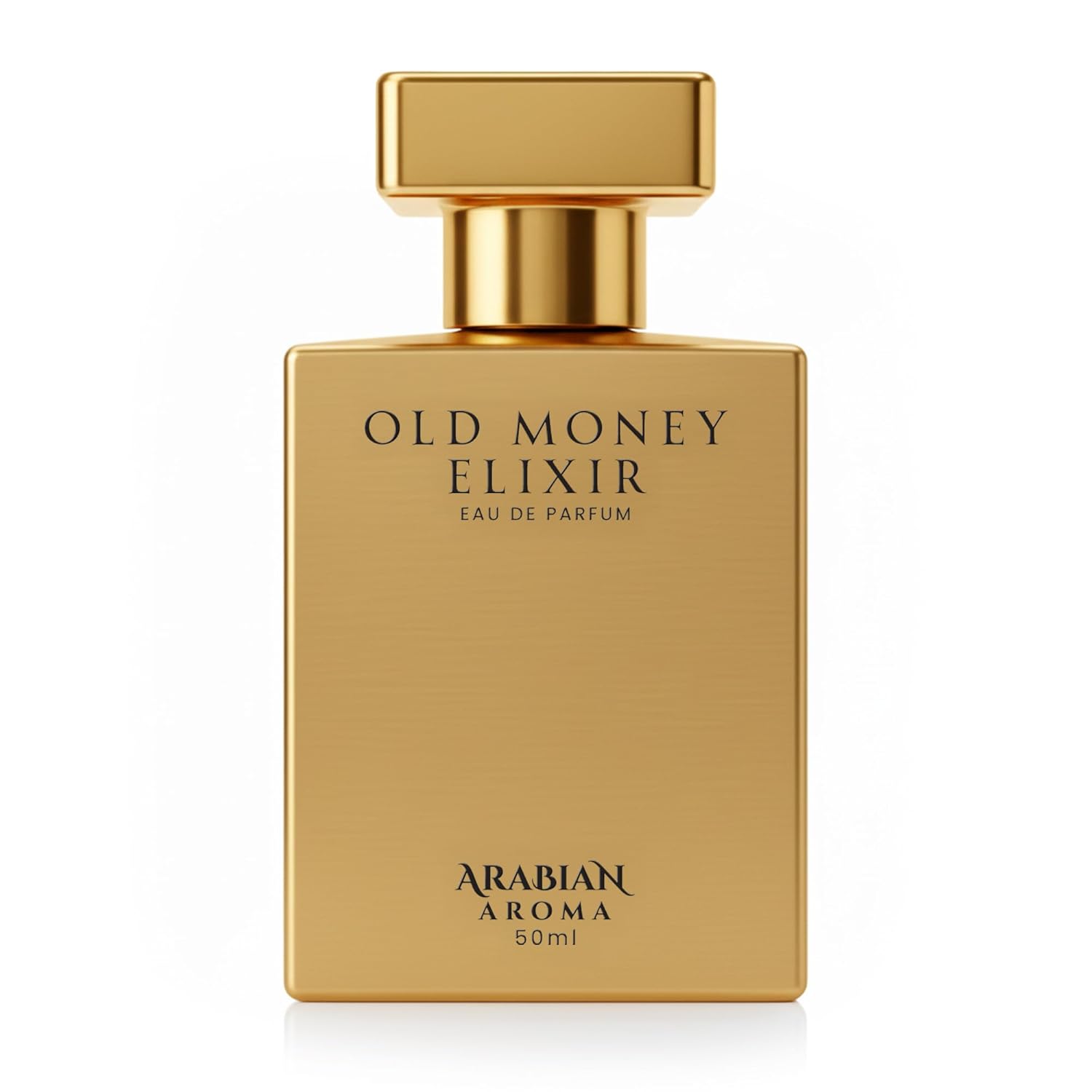 Gold perfume bottle labeled 'Old Money Elixir' by Arabian Aroma on a white background