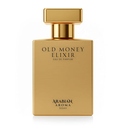 Gold perfume bottle labeled 'Old Money Elixir' by Arabian Aroma on a white background