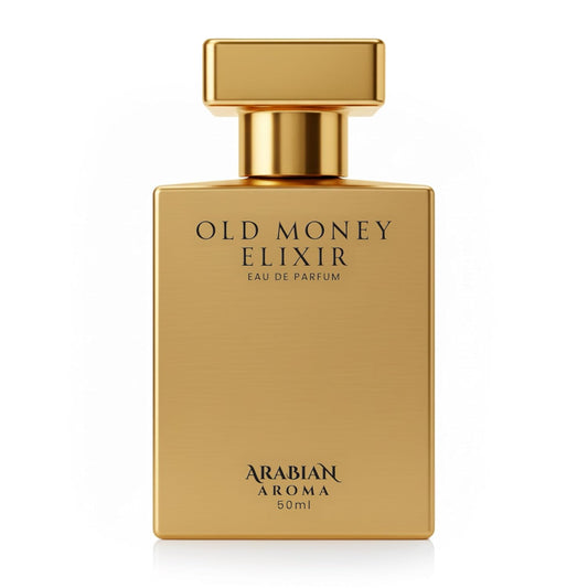 Gold perfume bottle labeled 'Old Money Elixir' by Arabian Aroma on a white background