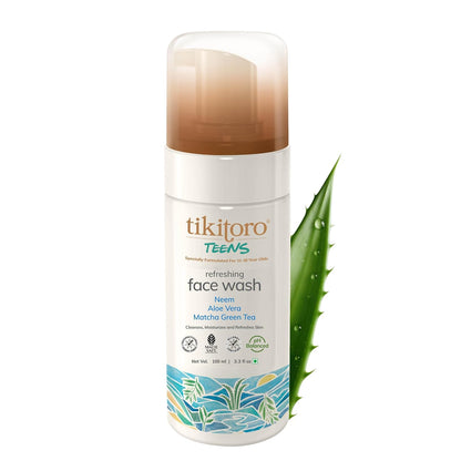 Tikitoro Teens Refreshing Face Wash 100% Vegan Neem, Aloe Vera, Matcha Green Tea Extract, Cleanses & Refreshes, No Parabens & Sulphates, All Skin Types (Age: 11+) (100ml x of 1)