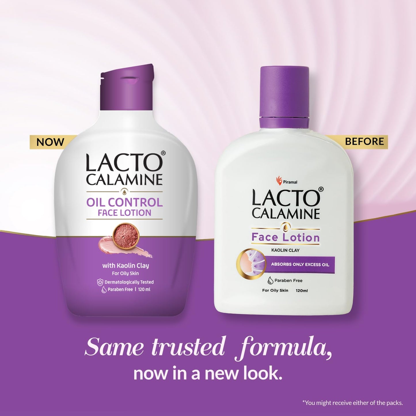 Two bottles of Lacto Calamine Face Lotion with a purple and white design on a pink background.