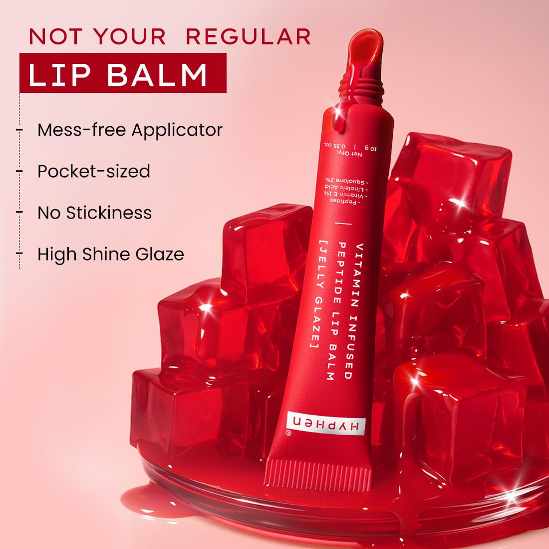 Red lip balm with a mess-free applicator on a pink background