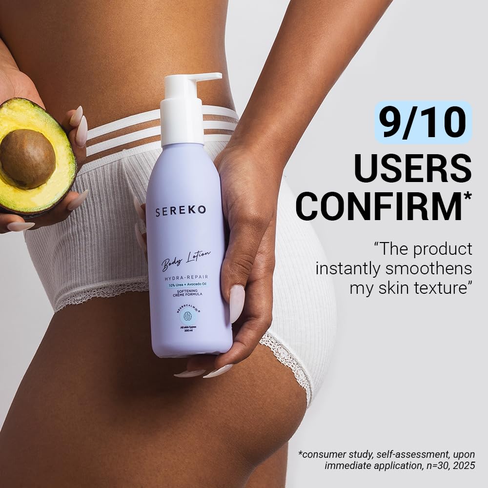 Sereko 10% Urea & Avocado Oil Body Lotion 200ML | For Strawberry legs, Detans, Rough Bumpy skin| Body lotion for Men & Women | AHA BHA free | Gentle Exfoliating | with 48H Moisturization | Very dry, flaky skin