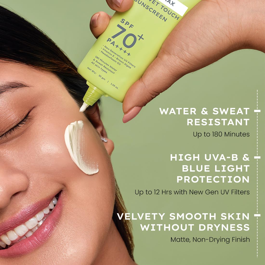 Person applying sunscreen to their face with a green bottle labeled SPF 70+. Text highlights product features on a green background.