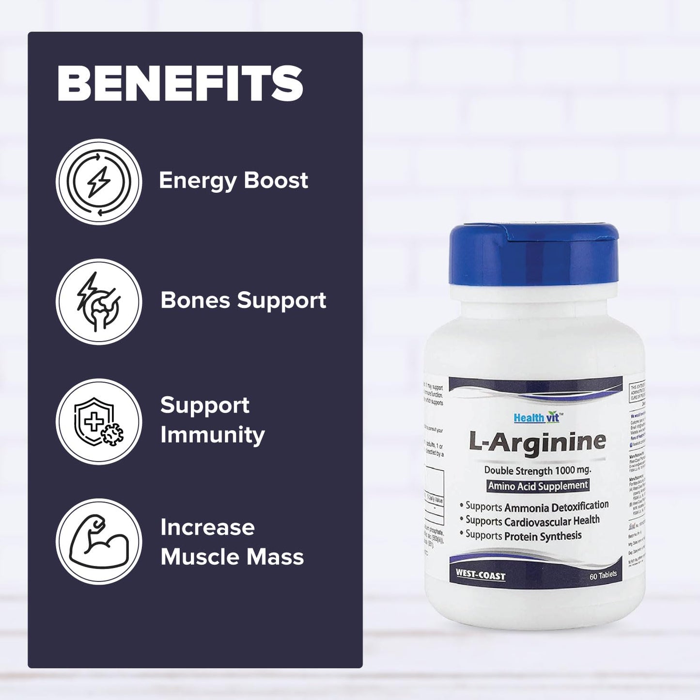 Healthvit L-Arginine supplement bottle with benefits listed on a white background