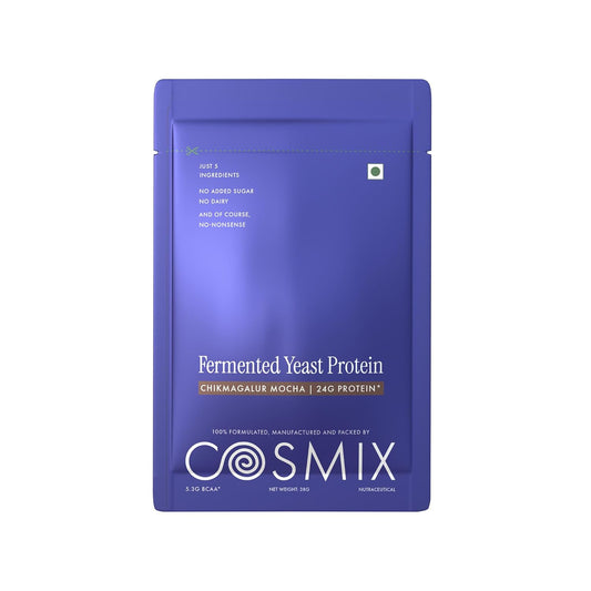 Cosmix Fermented Yeast Protein Powder | 24g Protein | Pure Single-Source Plant Protein | Made In-House | Smooth, Crazy tasty & Gut-Friendly | Chikmagalur Mocha, 38g Sachet