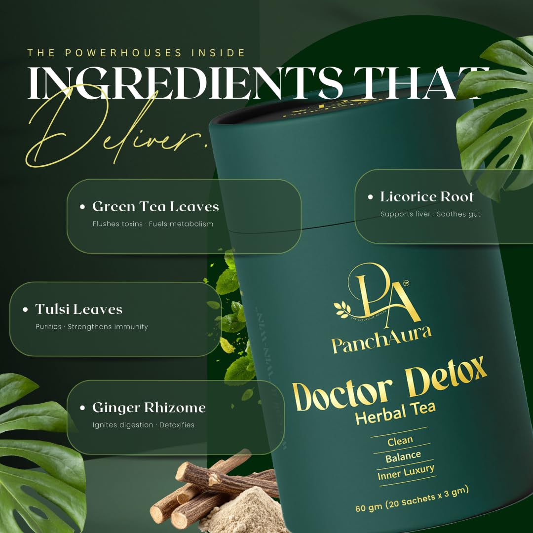 PanchAura Doctor Detox Herbal Tea 60 Cups | Ayurvedic help in Weight Loss, Bloating | Digestion, Gut Health & Immunity | Green Tea, Tulsi, Ginger | Liver Detox & Sleep