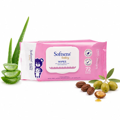 Softsens Baby Gentle Cloth Wipes for Baby Skin Enriched with Aloe Vera & Vitamin E I Dermatologically Tested & Parben Free with Lid - 72 wipes