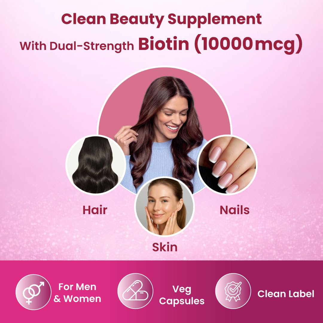 ZEROHARM Biotin Tablets for Hair Growth - 10000 mcg Vitamin B7 - Plant-Based Supplement Supports Hair Growth, Skin Hydration & Nail Strength For Men & Women - Sesbania Grandiflora - 60 Tablets