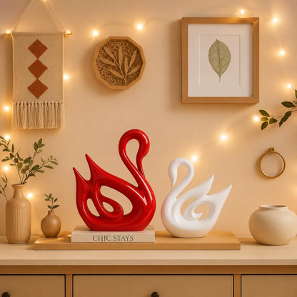 Xtore Lucky Swan Couple Piano Finish Ceramic Figures for Home Decor (Set of 2 Pc, Large, White & Red)