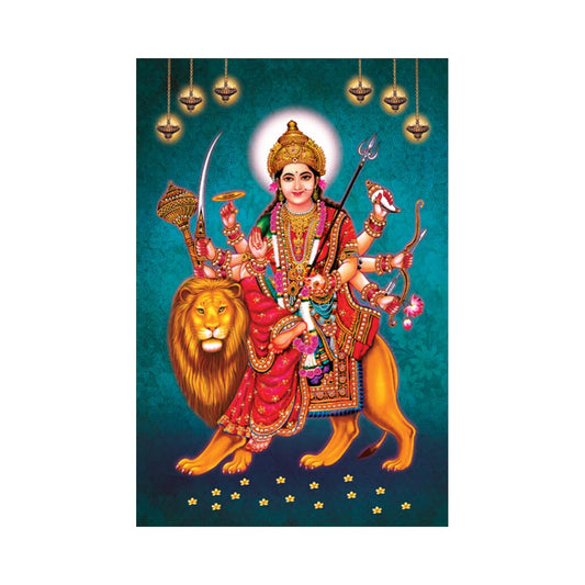 Durga Mata Paintings for Living room, Durga Mata Poster Big Size with Sparkle Coated Lamination - 2173 (Self Adhesive) 18x24 Inch