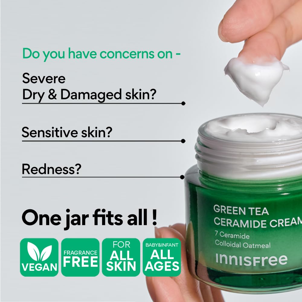 Innisfree Green Tea Ceramide Cream 50ml | Deep Moisturizing & Skin Barrier Boost | Ceramide Hydrating Korean Face Moisturizer