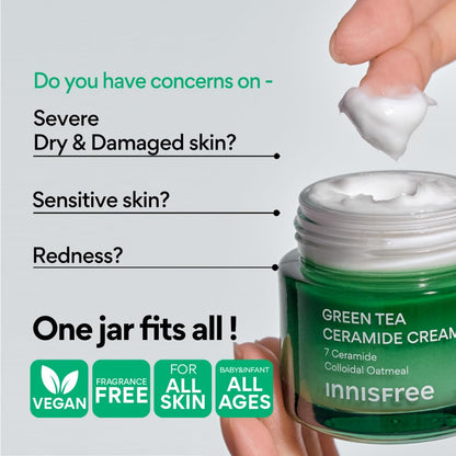 Innisfree Green Tea Ceramide Cream 50ml | Deep Moisturizing & Skin Barrier Boost | Ceramide Hydrating Korean Face Moisturizer