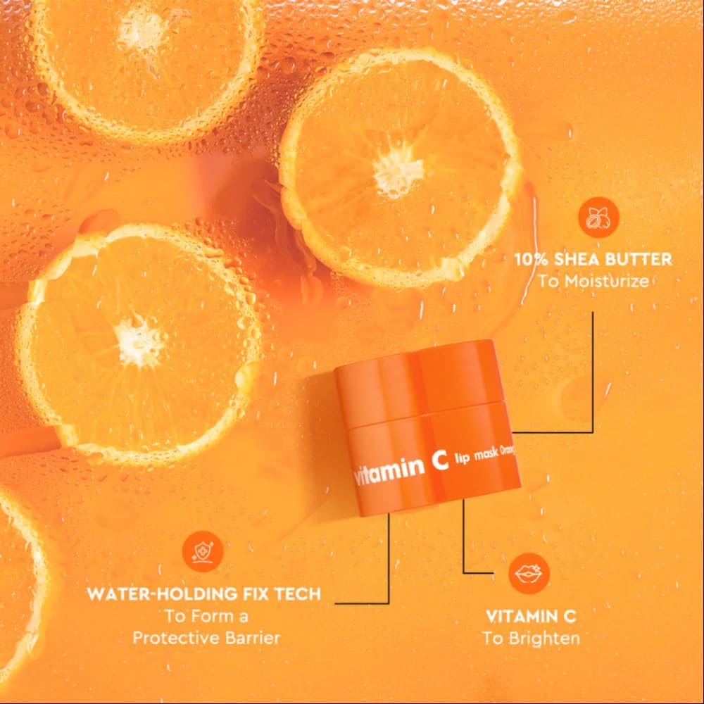 Orange skincare product with vitamin C label on an orange background with sliced oranges.