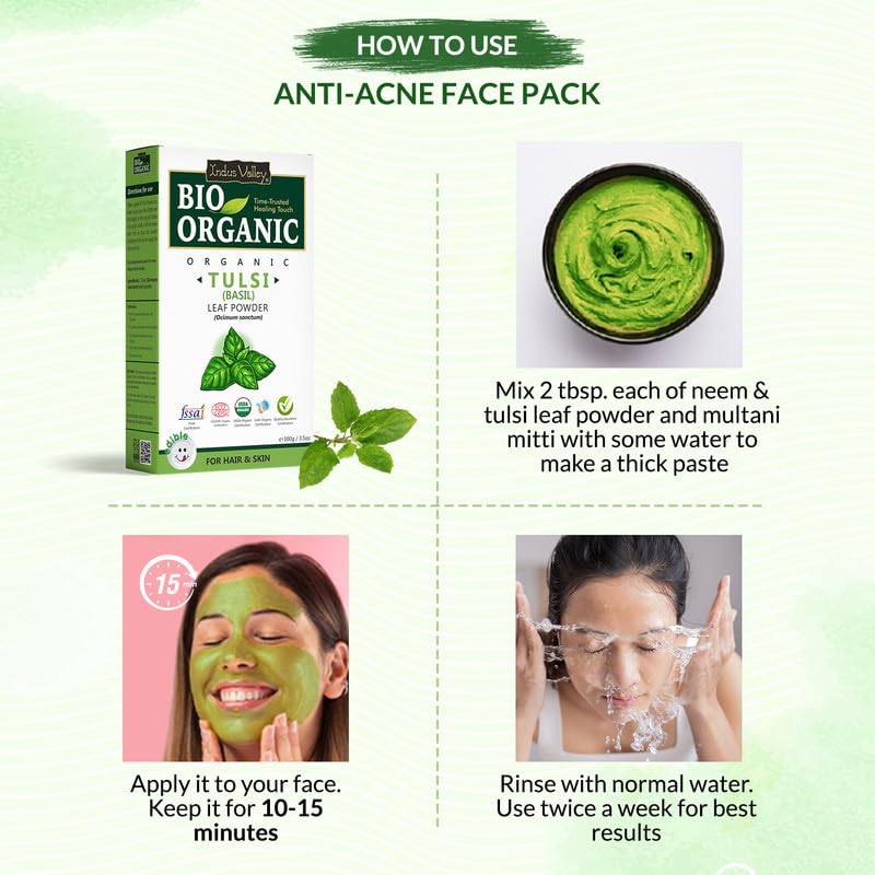 Instructions on how to use an anti-acne face pack with Bio Organic product packaging.