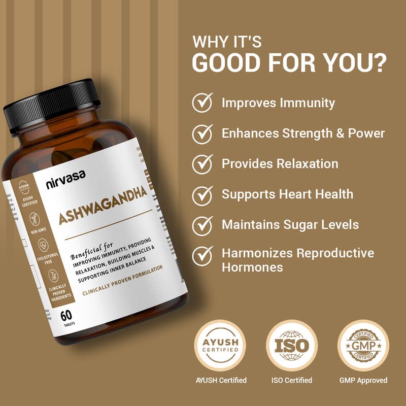 Nirvasa Ashwagandha Tablets (500mg, 60 Tabs) | Natural Ashwagandha Extract | Reduces Stress & Anxiety | Boosts Immunity, Energy & Sleep Quality | Supports Muscle Strength & General Wellness