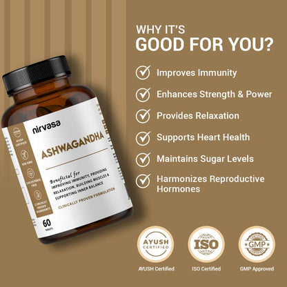 Nirvasa Ashwagandha Tablets (500mg, 60 Tabs) | Natural Ashwagandha Extract | Reduces Stress & Anxiety | Boosts Immunity, Energy & Sleep Quality | Supports Muscle Strength & General Wellness