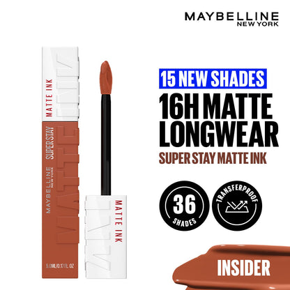 Maybelline New York Superstay Matte Ink Liquid Lipstick, Insider | No budge bold color for 16H | Transferproof, Waterproof, Foodproof | Brown skin friendly