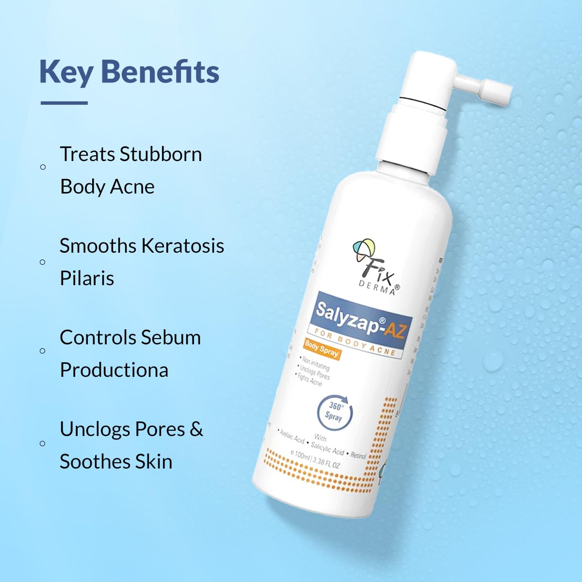 Fixderma Salyzap-Az 2% Salicylic Acid + 2% Azelaic Acid Body Acne Treatment Unscented Spray For Acne On Body Parts Like Back, Upper Arms | Paraben Free | Unclog Pores - 100ml