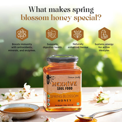 Hexhive Spring Blossom Honey | Pure Raw Honey from Spring Wildflowers | Multifloral Premium Honey | Light Texture | Immunity & Energy Booster | Rich in Antioxidants | Perfect for Tea, Milk | 500 g