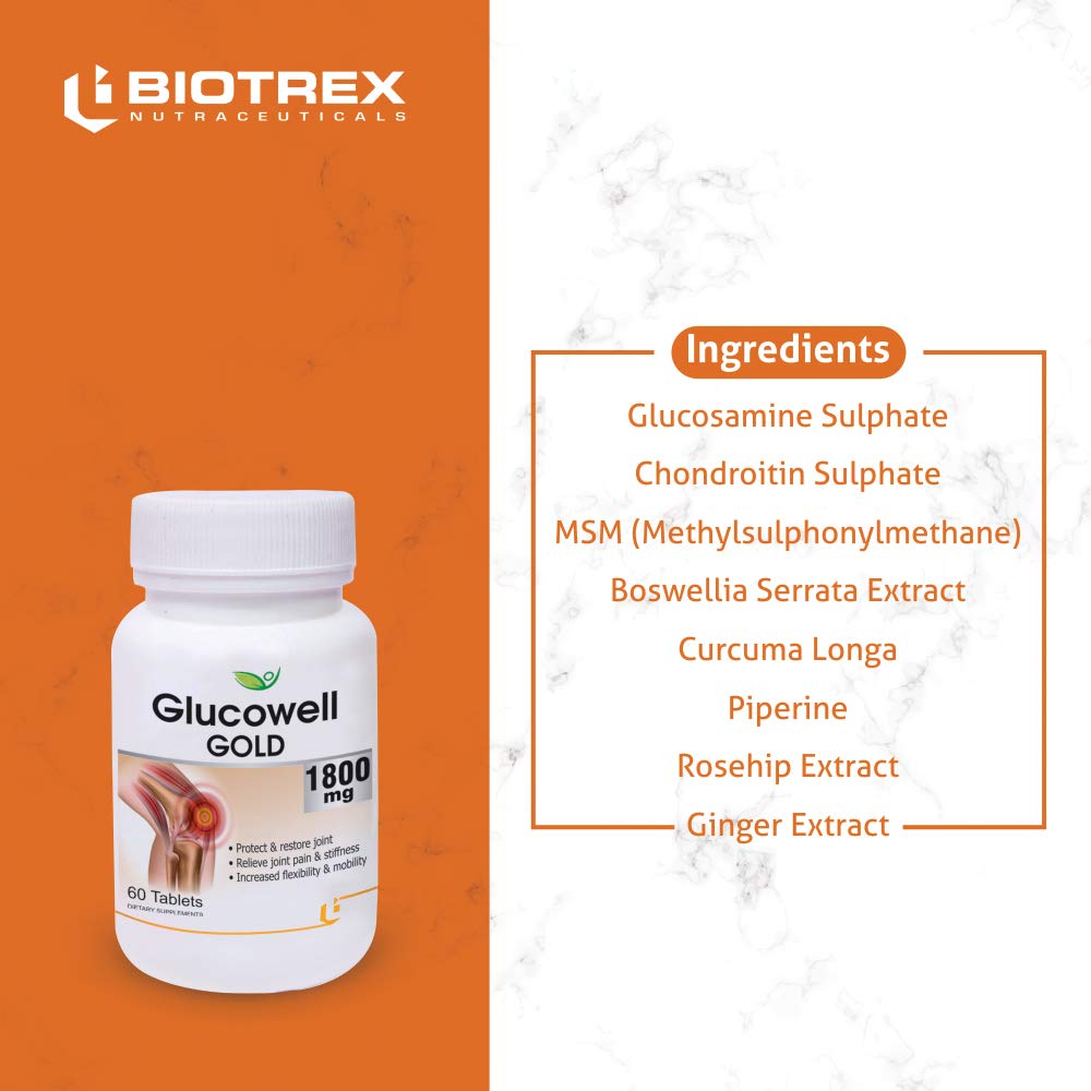 Biotrex Nutraceuticals Glucowell GOLD 1800mg - Maximum strength of Glucosamine with MSM (60 Tablets)