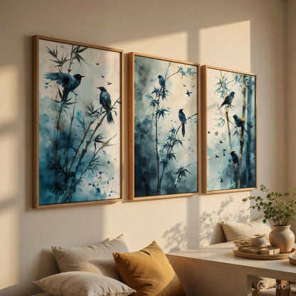 Bamboo Bird Wall Art Set of 3 | Wooden Frame MDF Nature Decor