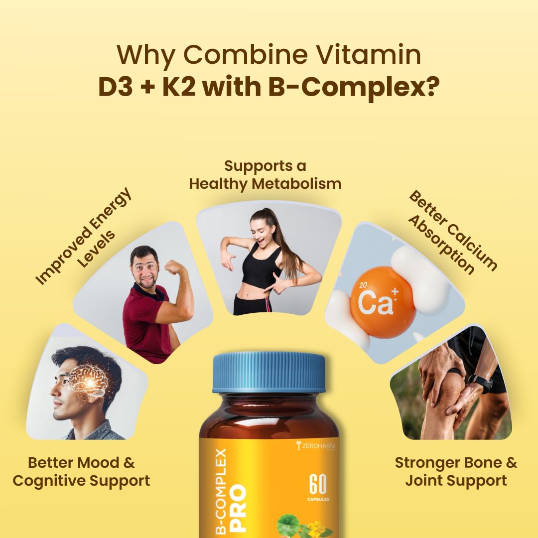 Zeroharm B-Complex Pro with Vitamin D3 & K2-7 | Vitamin B-Complex With B1, B2, B3, B5, B6, B9 & Vit B12 | Plant-Based Supplement | Supports Energy & Immunity For Men and Women | 60 Veg Capsules