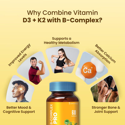 Zeroharm B-Complex Pro with Vitamin D3 & K2-7 | Vitamin B-Complex With B1, B2, B3, B5, B6, B9 & Vit B12 | Plant-Based Supplement | Supports Energy & Immunity For Men and Women | 60 Veg Capsules