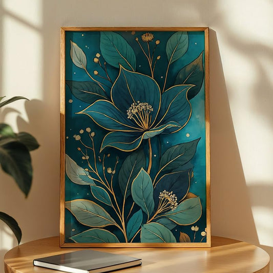 Teal Botanical Floral Wall Painting with Frame Set of 1 | Premium Nature Inspired Flower & Leaf Artwork, Modern Elegant Wall Decor for Living Room, Bedroom, Office and Home Decoration (3D Art-4,13x19inch)