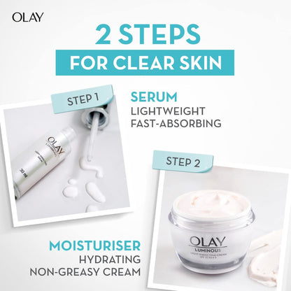 Olay skincare product advertisement with serum and moisturizer on a white background