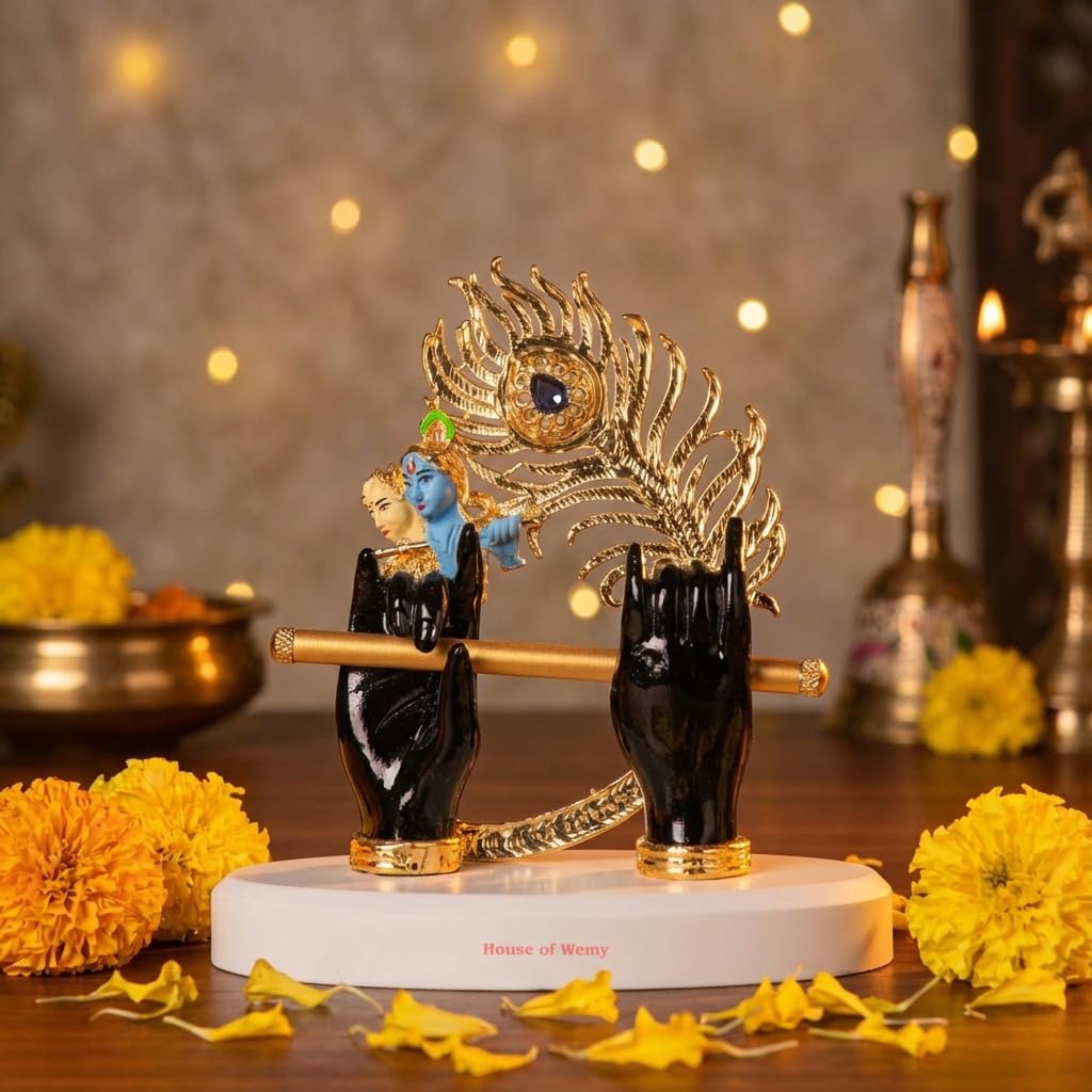 Gold Plated Lord Krishna Hands Idol with Face, Flute & Peacock Feather for Car Dashboard | Statue for House Warming Gifting | Decorative Items for Home & Office (Black - 4.5 inch)