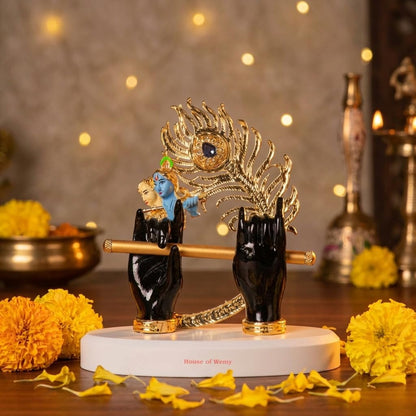 Gold Plated Lord Krishna Hands Idol with Face, Flute & Peacock Feather for Car Dashboard | Statue for House Warming Gifting | Decorative Items for Home & Office (Black - 4.5 inch)