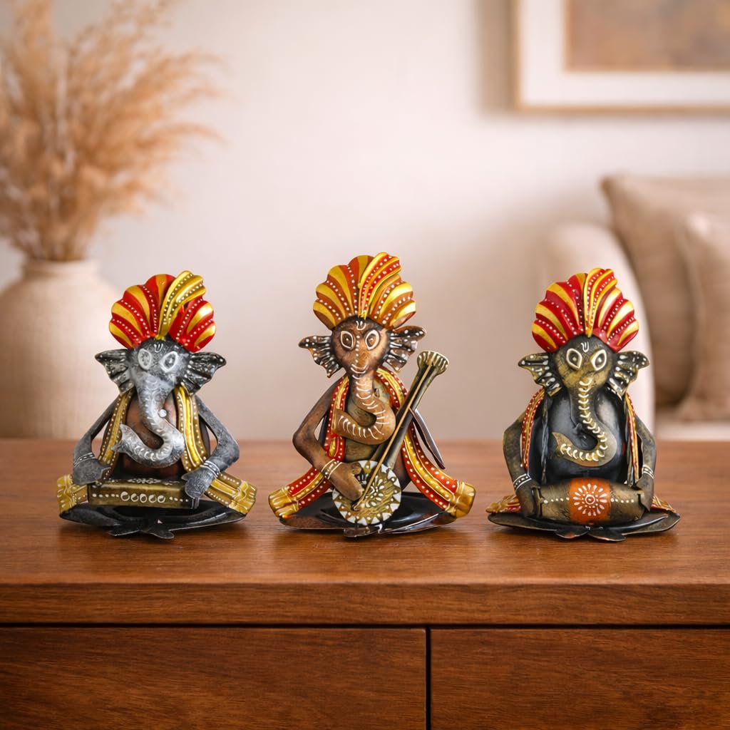 CraftVatika Metal Ganesha Playing Musical Instruments Set of 3, Handcrafted Ganesha Playing Dholak Harmonium Sitar Showpiece for Living Room Tabletop Home Décor Items, Ganesh Musical Showpiece