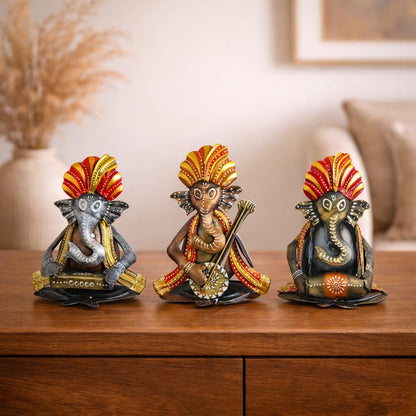CraftVatika Metal Ganesha Playing Musical Instruments Set of 3, Handcrafted Ganesha Playing Dholak Harmonium Sitar Showpiece for Living Room Tabletop Home Décor Items, Ganesh Musical Showpiece