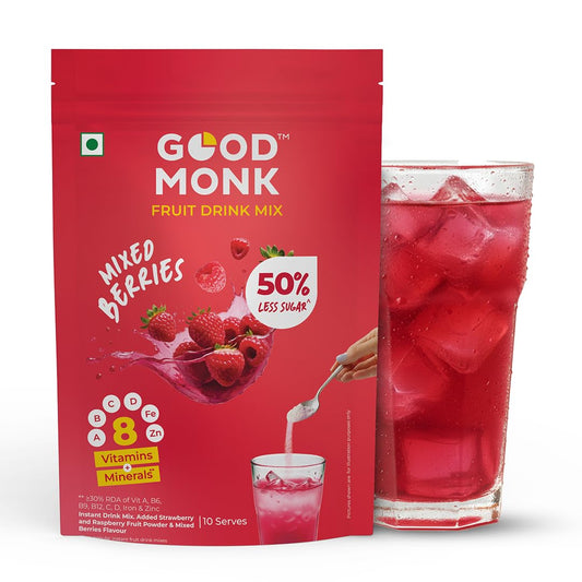 Good Monk Fruit Drink Mix (Natural Mixed Berries Powder), 50% Less Sugar with 8 Vitamins & Minerals (Vitamin B12, C, D, Iron & more) | Tasty & Healthy Mix for Hydration, Energy, Immunity, 10 Serves